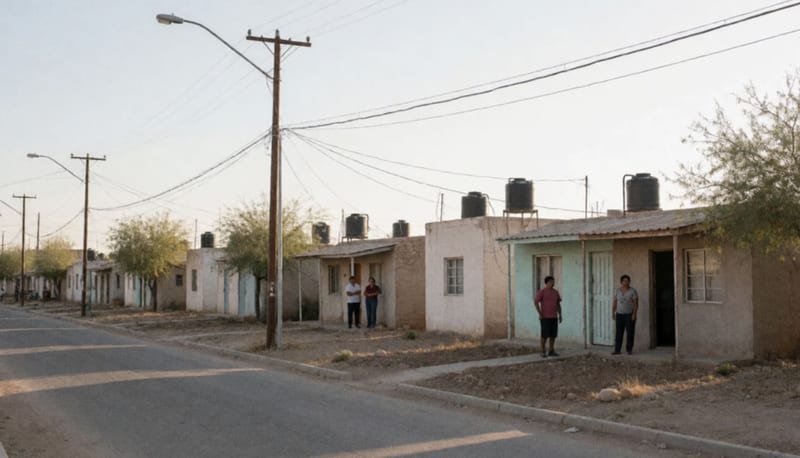 Casas residenciales con tanques de agua en los techos bajo un intenso calor de verano en el norte de México
