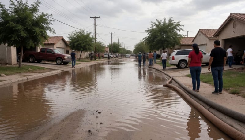 Calle residencial inundada con una manguera de bombeo a un lado y vecinos a lo lejos