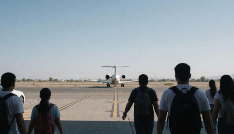 Avión regional estacionado en la plataforma de un aeropuerto bajo cielo despejado