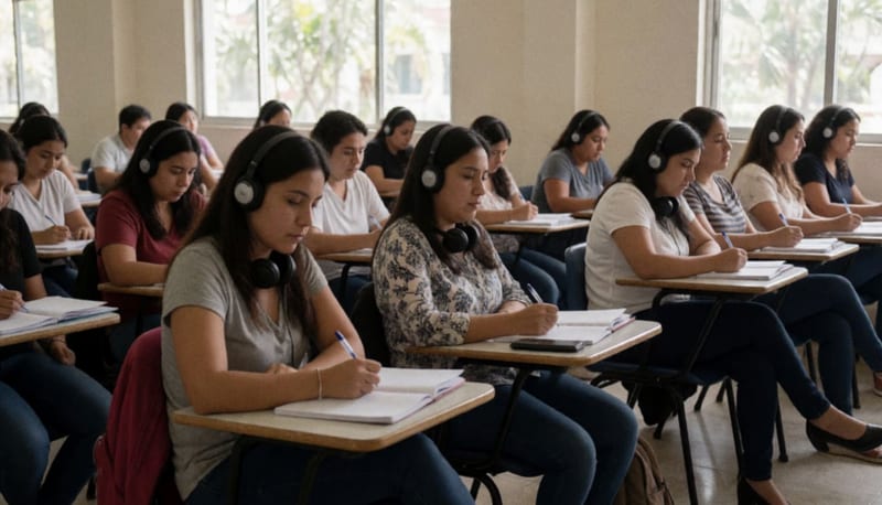 Docentes participando en una sesión de capacitación en inglés dentro de un aula universitaria