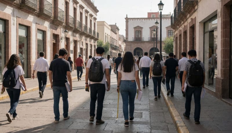 Estudiantes de arquitectura analizando la plaza y espacios públicos del centro de una ciudad norteña