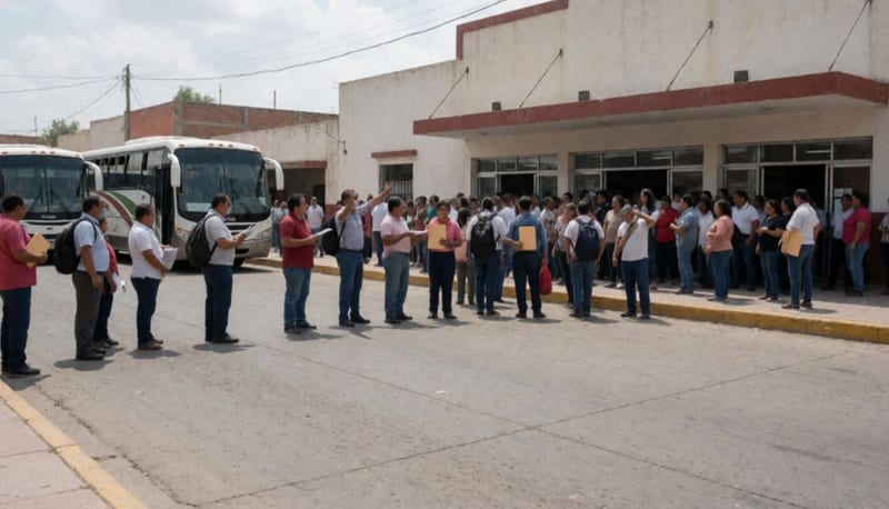 Grupo de usuarios reunidos en el exterior de las oficinas de la empresa de transporte en Camargo durante la protesta