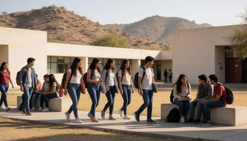 Estudiantes caminando por un andador de campus soleado con edificios bajos y cerros desérticos al fondo