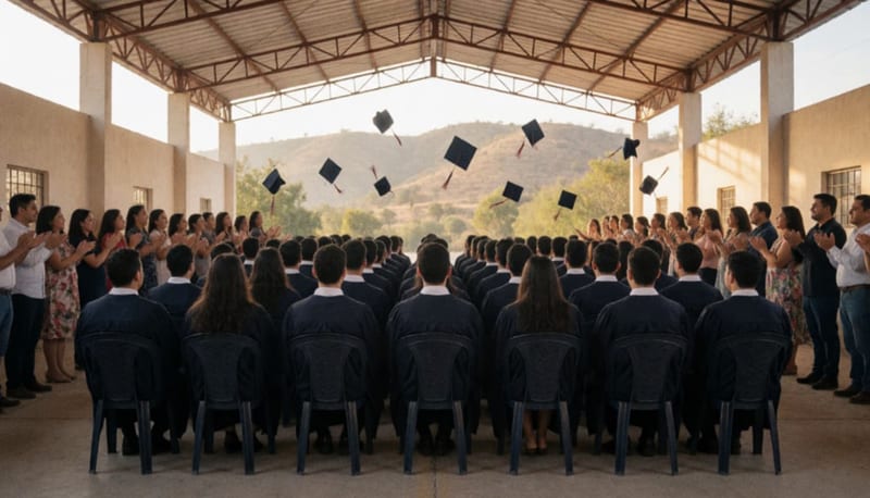 Graduados con toga y birrete sentados en filas de sillas en un patio techado mientras sus familias aplauden