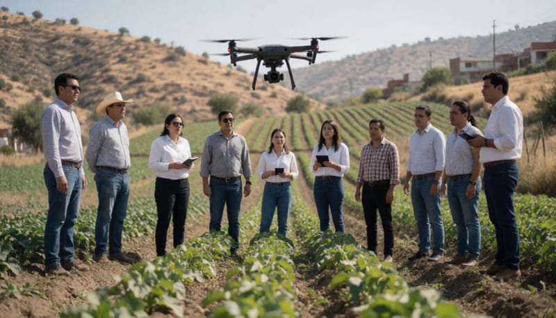 Maestros observan un dron sobrevolando un campo agrícola bajo el sol del desierto chihuahuense