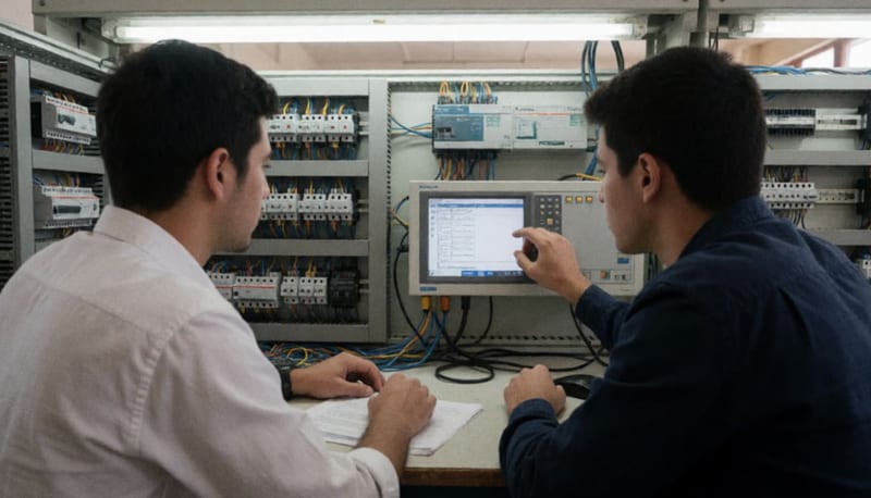 Estudiantes de ingeniería trabajando en panel de control de automatización industrial dentro de un laboratorio