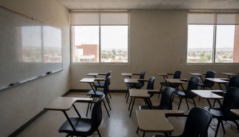 Aula universitaria vacía con pupitres organizados y pizarra blanca al fondo