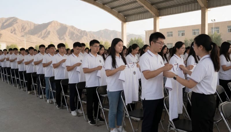 Estudiantes de nuevo ingreso recibiendo playeras institucionales en el patio de la universidad