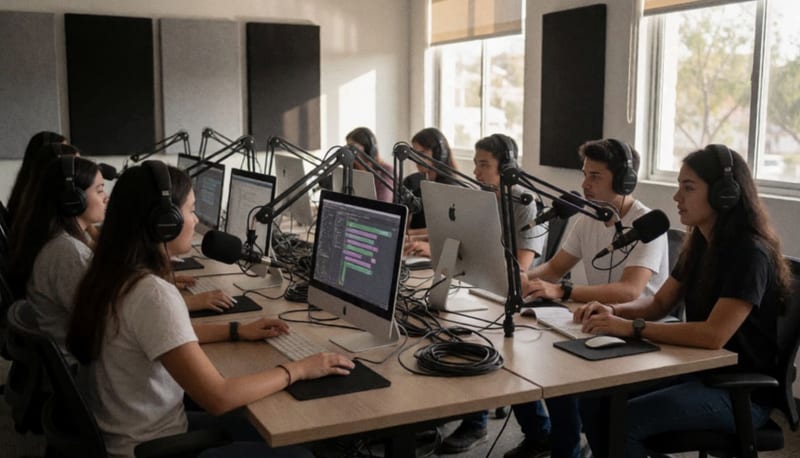 Estudiantes en un estudio de grabación usando microfonos y computadoras para producir contenido digital