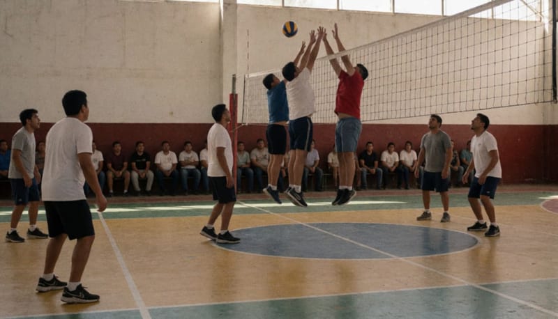 Jugadores saltando en la red durante un partido de voleibol en la cancha del gimnasio