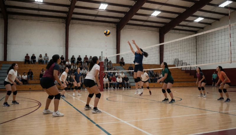 Jugadores de voleibol en acción durante un partido en el gimnasio de Parral