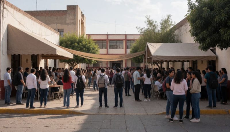 Estudiantes y personal administrativo reunidos en el campus universitario durante la celebración del aniversario