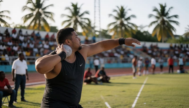 Atleta en el momento del lanzamiento de bala durante competencia en estadio tropical