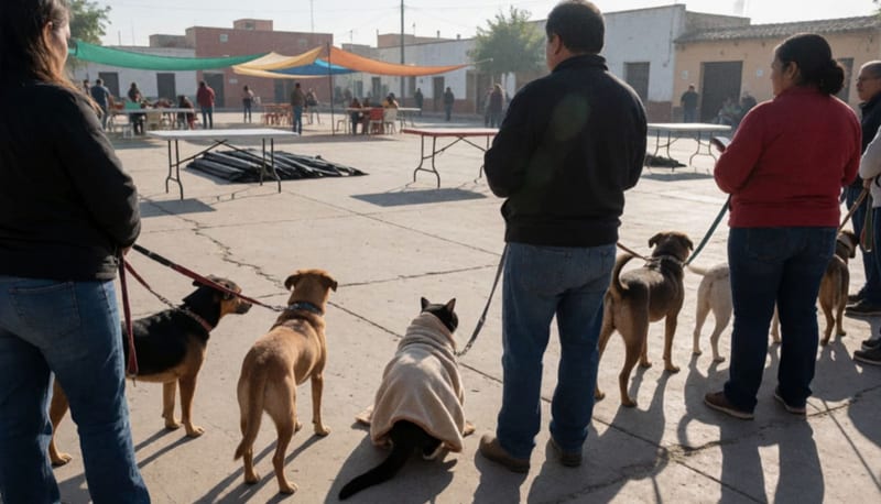Dueños con perros con correa y un gato envuelto en una manta esperan en una plaza abierta bajo el sol de la mañana