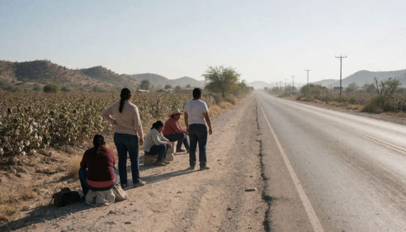 Personas esperando de espaldas a la orilla de un camino polvoso entre campos agrícolas y cerros del desierto bajo el sol de la mañana