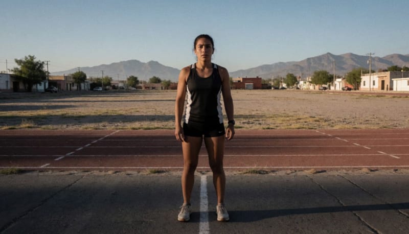 Atleta deliciense en pose de competencia sobre un campo deportivo con cerros al fondo