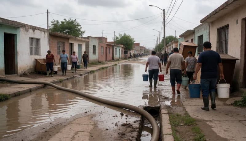 Calle residencial inundada con vecinos sacando muebles mojados y una manguera de bombeo junto a la banqueta