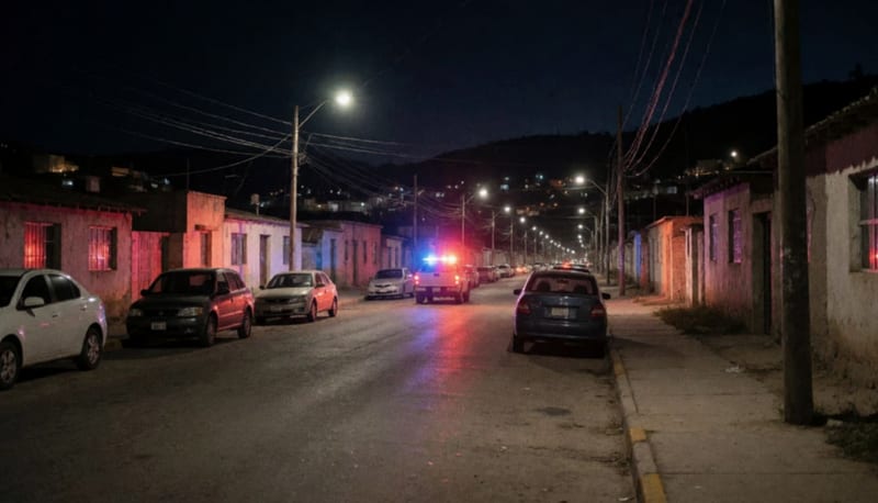 Calle residencial nocturna bañada por luces rojas y azules con casas bajas, autos estacionados y cerros al fondo