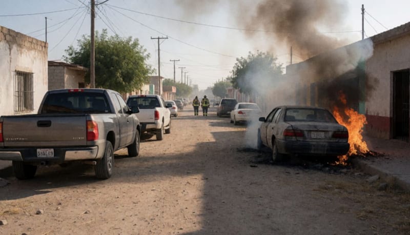 Automóvil humeante junto a dos camionetas desplazadas en una calle polvorienta, con bomberos a lo lejos y humo negro en la mañana