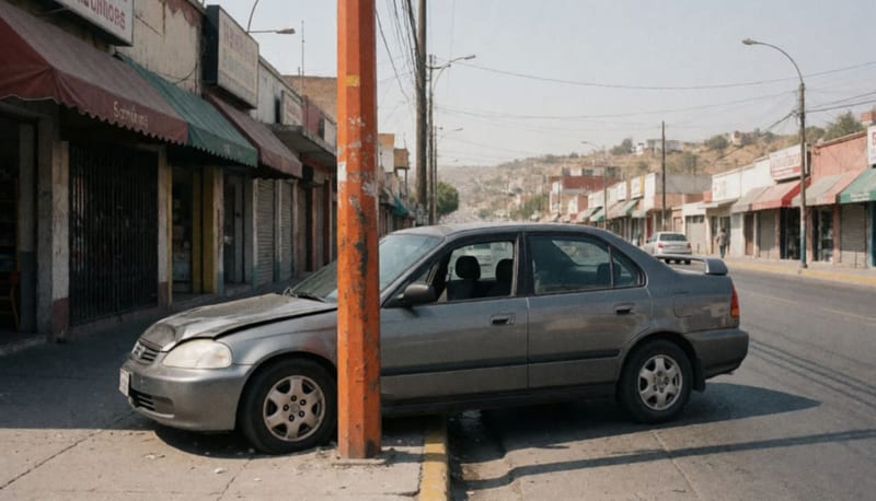 Honda Civic color gris impactado contra un poste metálico de alumbrado en una calle de Delicias
