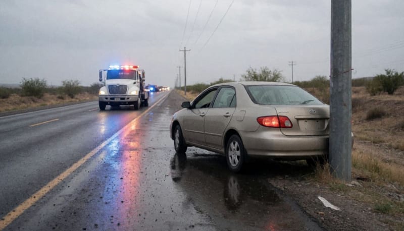 Automóvil dañado recargado en un poste metálico a la orilla de una carretera mojada en el norte de México