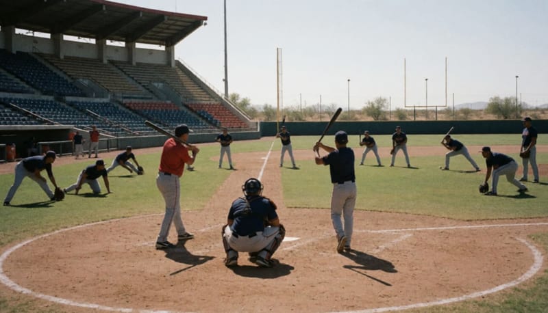 Jugadores de beisbol practicando en el terreno de juego bajo el sol del mediodía en un estadio