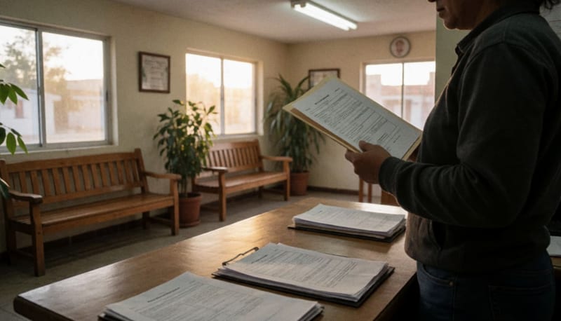 Ciudadano en las oficinas municipales con documentación y carpeta en mano