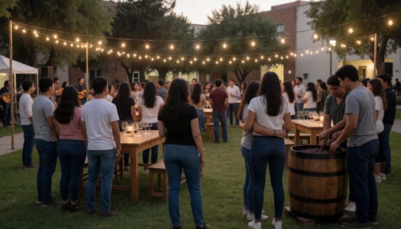Personas reunidas al atardecer en un campus con mesas de madera, luces cálidas y gente pisando uvas en un barril