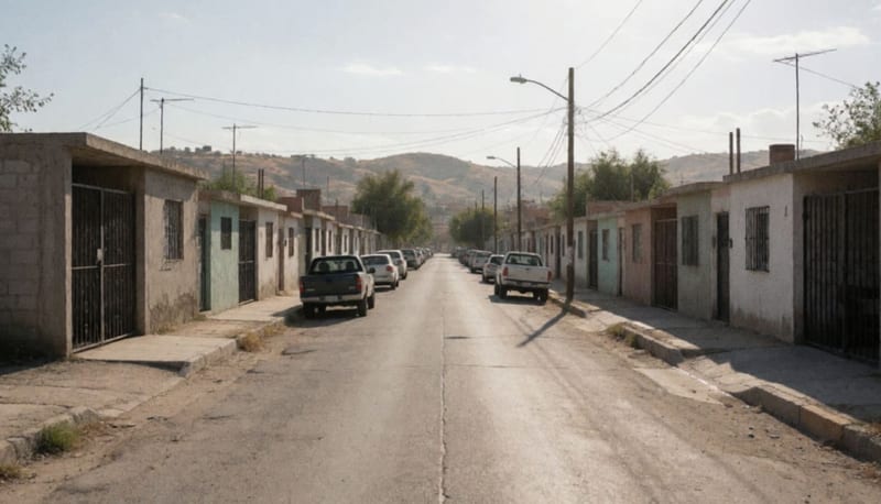 Calle residencial con hileras de casas pequeñas de un piso, portones metálicos y camionetas estacionadas bajo el sol de la tarde