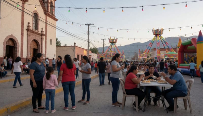 Familias disfrutando de actividades recreativas en una plaza comunitaria al atardecer