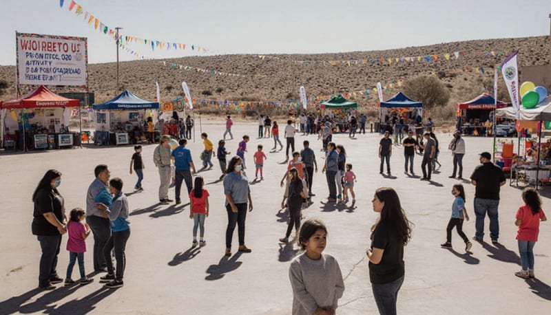 Familias disfrutando de actividades recreativas en una plaza comunitaria al aire libre en una tarde soleada