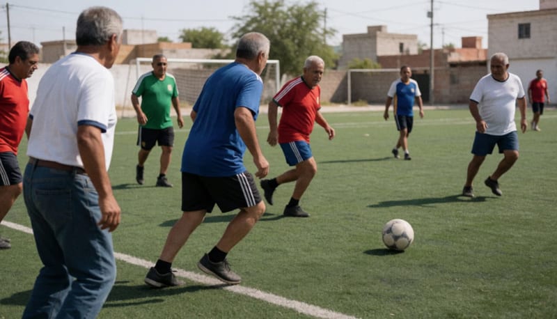 Jugadores veteranos en acción sobre el campo sintético durante un encuentro de futbol municipal