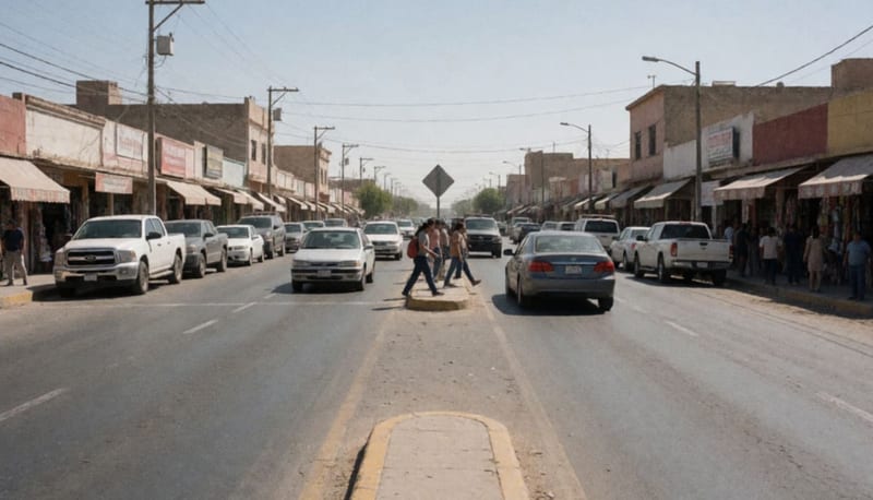 Intersección de una avenida transitada en Camargo con comercios a los lados y flujo vehicular intenso