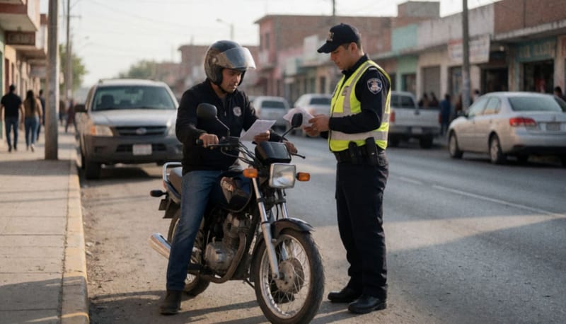 Oficial de Vialidad realizando una inspección a un motociclista en una calle de la localidad