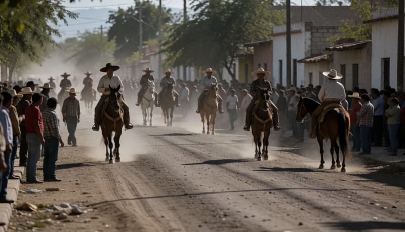 Jinetes a caballo transitando por una calle de tierra en el municipio durante un evento ecuestre