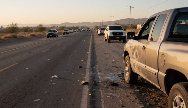 Camioneta dañada sobre una carretera árida con restos dispersos en el asfalto