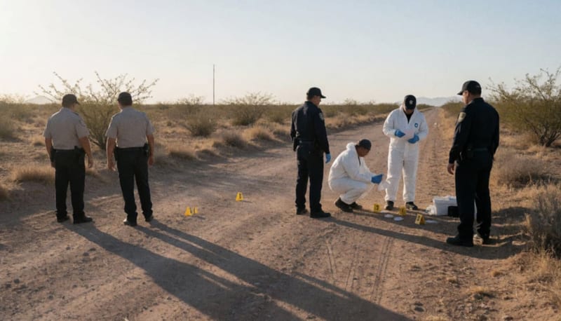 Escena de investigación forense en un camino de terracería del desierto de Chihuahua con peritos especializados