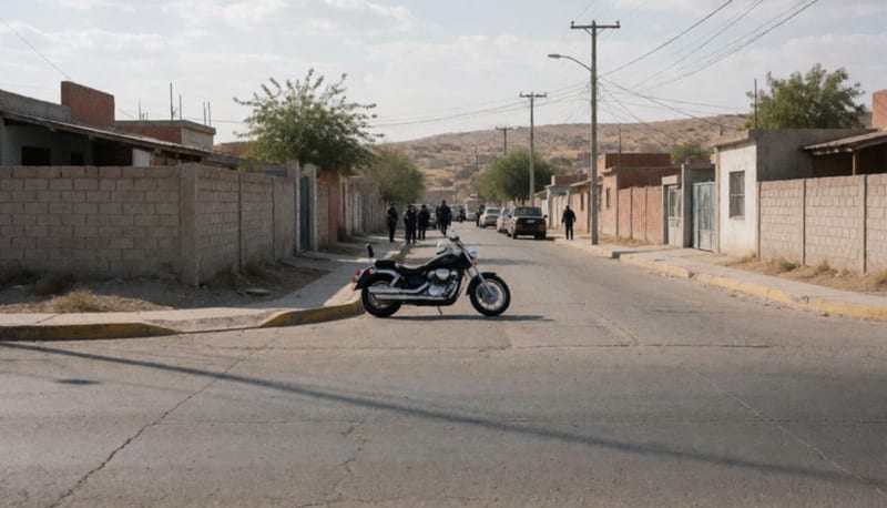 Motocicleta negra estacionada en una calle residencial con presencia policial al fondo en zona urbana