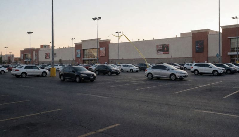 Estacionamiento de una plaza comercial al atardecer con cinta policial a lo lejos