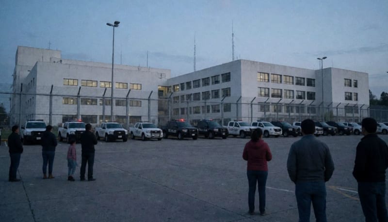 Exterior de un centro de justicia penal federal al amanecer, con vallas de seguridad