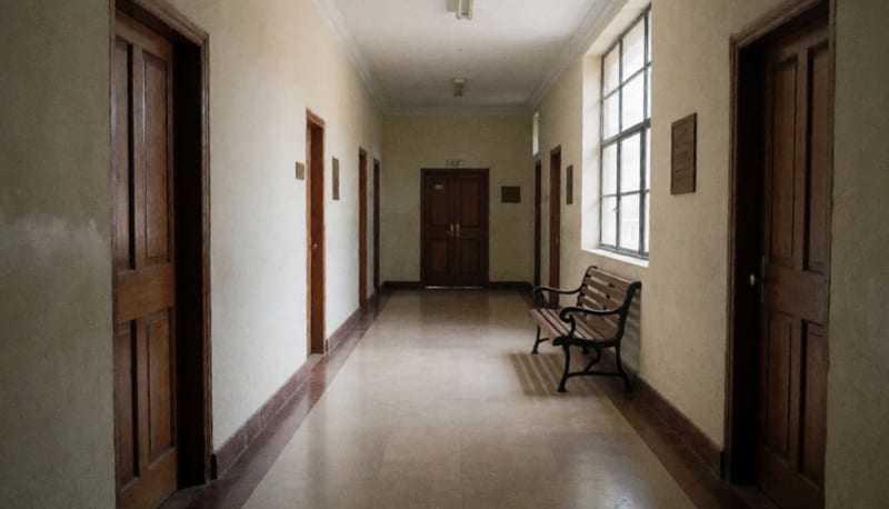 Pasillo vacío de un edificio de tribunales con puertas cerradas