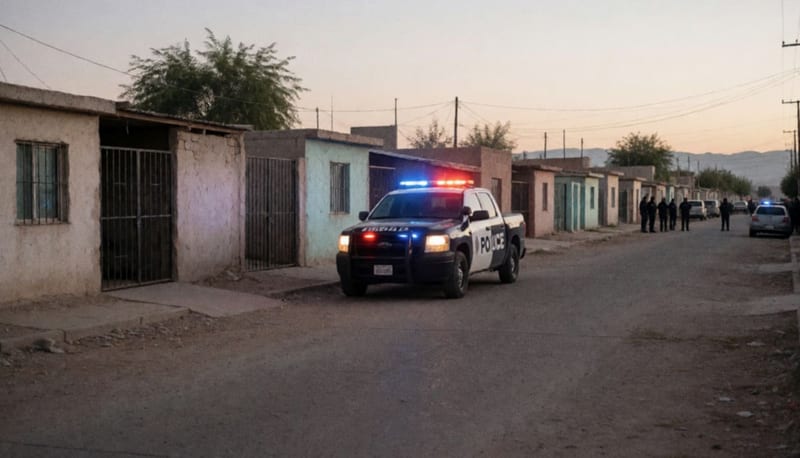 Calle residencial de Delicias con patrulla de seguridad y luces azules al atardecer en zona de investigación