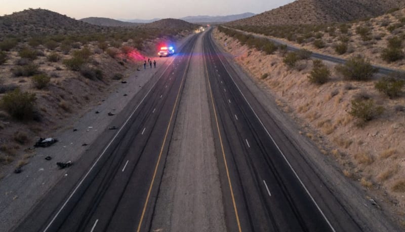 Carretera de dos carriles entre cerros secos al atardecer con marcas de frenado, escombros en el acotamiento y luces de emergencia a lo lejos