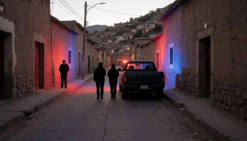 Calle empinada de un pueblo minero al anochecer con luces rojas y azules sobre los muros y figuras lejanas junto a una camioneta