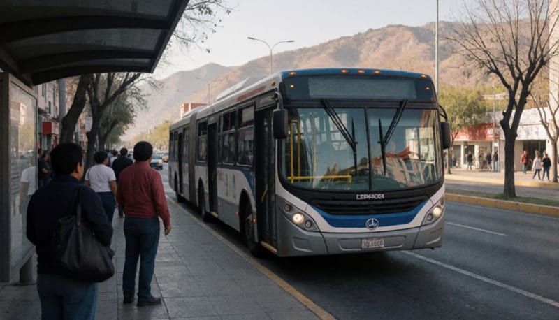 Autobús articulado detenido en una parada techada de una avenida mientras varias personas esperan en la banqueta al atardecer