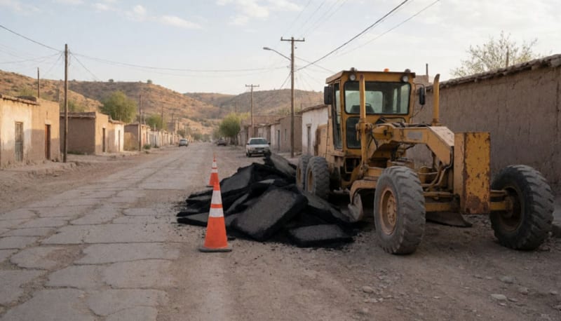 Motoconformadora amarilla detenida junto a una calle agrietada de un pueblo del norte de México con casas bajas al fondo