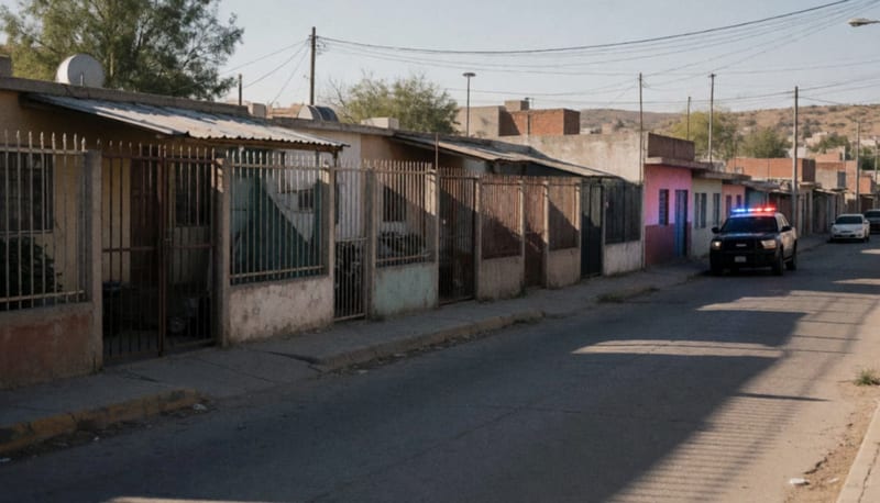 Patrulla estacionada en una calle residencial del norte de México con luces rojas y azules encendidas