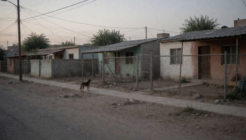 Perro solo en una banqueta polvorienta de una calle residencial con casas sencillas al amanecer