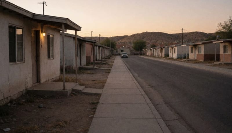 Calle tranquila de casas sencillas al anochecer con una vivienda de puerta cerrada y luz tenue en el porche