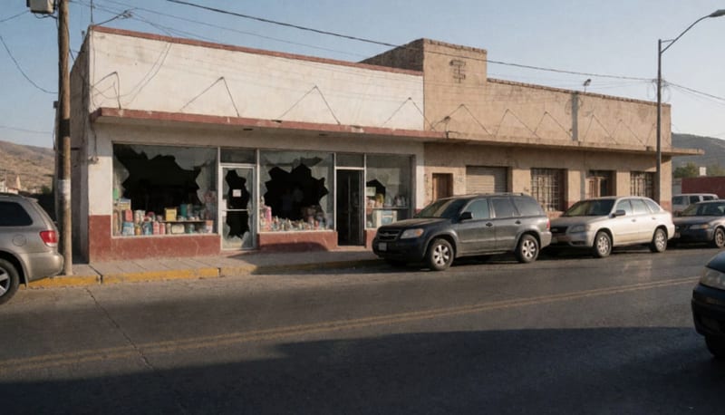 Fachada de tienda comercial en una calle de Parral con vidrio dañado visible en el escaparate